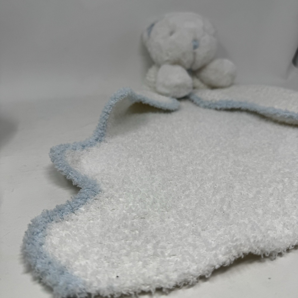 Mudpie Bear Plushie Blanket Lovie Boys Lovey White Blue Trim Scalloped Chenille - Picture 3 of 9